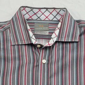 Thomas Dean Button Up Shirt Sz L Long Sleeve Flip Cuff Red Gray Stripe